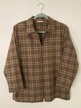 Vintage Brown Tan Plaid Zip-Up Lightweight Jacket - Dark Academia